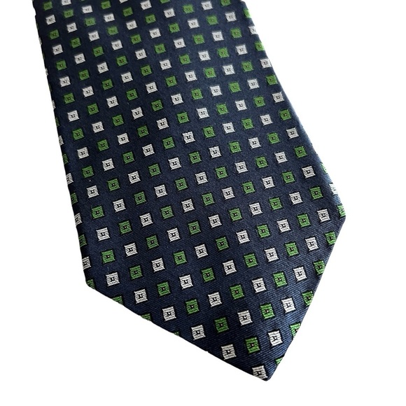 Brooks Brothers Men’s 💯 Silk Navy Blue Green Geo Print Neck Tie Y5 - Picture 3 of 4